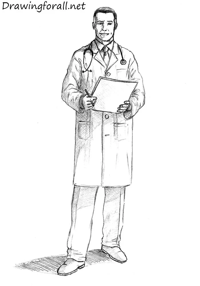 Sketch Of Medical Doctor With Stethoscope Sitting At A Desk In His Office  And Writing Recipe Vector Illustration RoyaltyFree Stock Image   Storyblocks