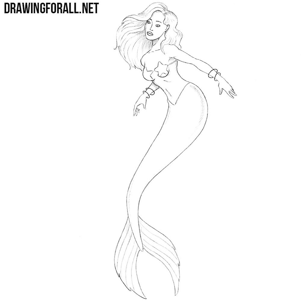 mermaid black and white drawing