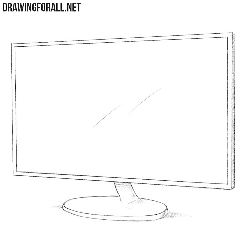 Large new TV or computer monitor illustration with wide empty screen, black  frame and stand. Hand painted water color sketchy monochrome drawing on  white, cutout clipart element for stylish design. Stock Illustration |